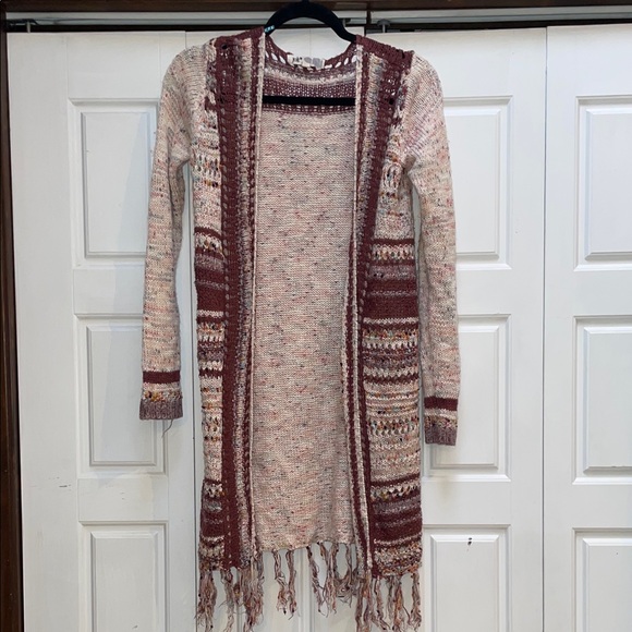 Jolt Sweaters - Jolt Maroon and Cream Long Knit Cardigan